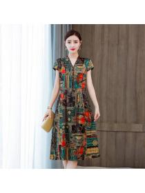Vintage style V-neck temperament mulberry silk cheongsam print dress