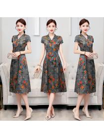 Elegant style Summer women's cheongsam mulberry embroidery mid-length dress