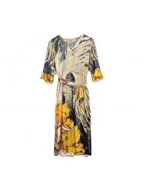 New style fashion print elderly mulberry silk short-sleeved dress