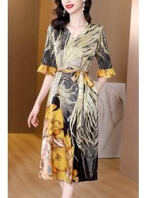 New style fashion print elderly mulberry silk short-sleeved dress