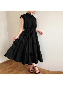 Vintage style French puff sleeves Plain Long dress