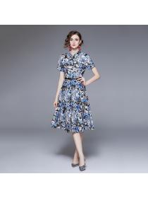 Summer new elegant style Fashion print temperament Mid-waist dress