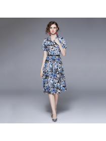 Summer new elegant style Fashion print temperament Mid-waist dress
