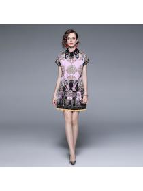 Summer new fashion print Bat sleeve shirt pleated skirt two-piece set
