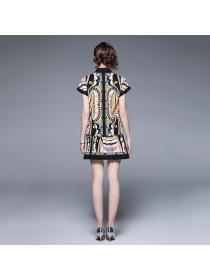European fashion print bat sleeve shirt pleated skirt two-piece set 