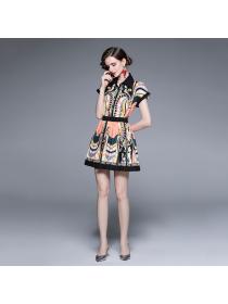 European fashion print bat sleeve shirt pleated skirt two-piece set 