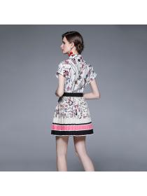 Outlet Summer fashion print Bat sleeve shirt pleated skirt two-piece set