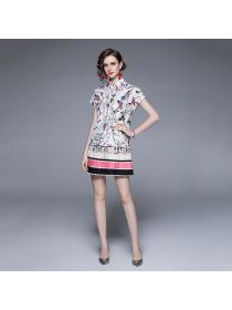 Outlet Summer fashion print Bat sleeve shirt pleated skirt two-piece set