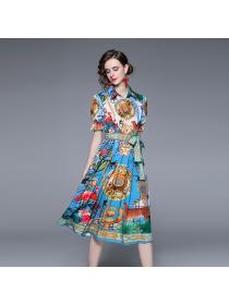 New style Fashion Print Lapel Flare Sleeve Elegant Dress