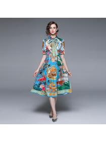 New style Fashion Print Lapel Flare Sleeve Elegant Dress