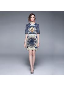 Summer new French Vintage style print Shirt loose A-line skirt ladies Two pieces set