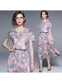 On sale Vintage style print Shirt loose A-line skirt ladies Two pieces set
