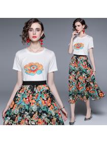 Summer new printed T-shirt pleated skirt matching casual long skirt two pieces set