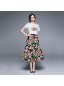 Summer new printed T-shirt pleated skirt matching casual long skirt two pieces set