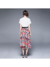 Outlet Fashion print T-shirt pleated skirt matching casual long skirt two pieces set
