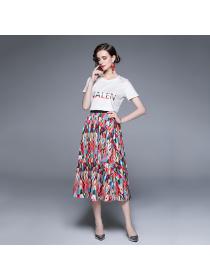 Outlet Fashion print T-shirt pleated skirt matching casual long skirt two pieces set