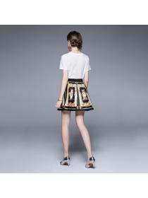 Summer new printed T-shirt pleated skirt matching casual two-piece set