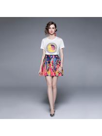 Summer new printed T-shirt pleated skirt matching casual two-piece set
