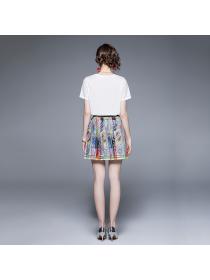 Fashion new style print T-shirt pleated skirt matching casual two-piece set