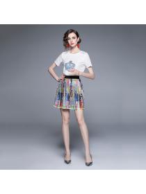 Fashion new style print T-shirt pleated skirt matching casual two-piece set