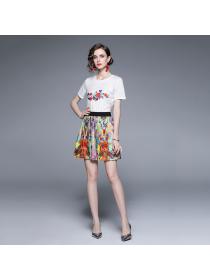 New style Summer Print T-shirt pleated skirt matching casual two-piece set