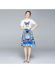 New style Summer fashion Round neck T-Shirt Matching Pleated Skirt two pieces set 