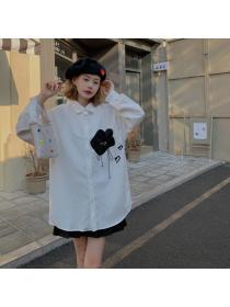 White long-sleeved shirt women's flower embroidery casual shirt 