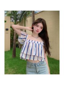 Fashion style Blue and Green Striped Shirt Square neck Cropped Top