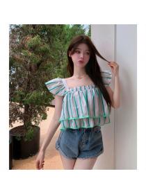 Fashion style Blue and Green Striped Shirt Square neck Cropped Top