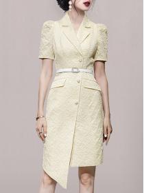 Temperament suit collar button puff sleeve asymmetric slim dress