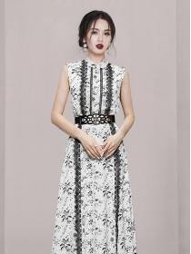 Stand Collars Lace Hollow Out Top+pinch Waist two pieces dress