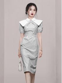 Doll collar  shawl Puff sleeves waist slim elegant striped dress