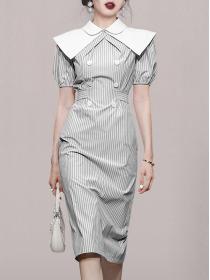 Doll collar  shawl Puff sleeves waist slim elegant striped dress