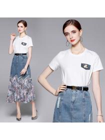 Summer new white T-shirt + denim skirt temperament two-piece set 