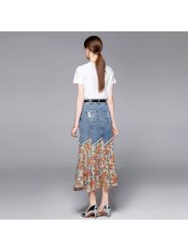 Summer new white T-shirt + denim skirt temperament two-piece set 