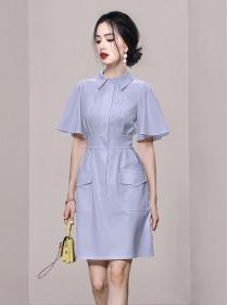 Temperament lapel lotus leaf sleeve lace decoration waist slim dress