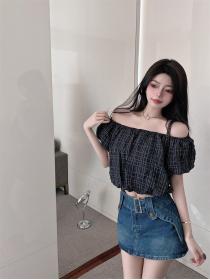 Korean style Plaid Shirt Short sleeve Top