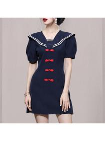 Fashion sailor lapel retro button puff sleeve waist slim dress