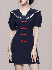 Fashion sailor lapel retro button puff sleeve waist slim dress