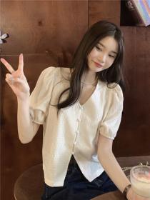 Korean style V-neck Matching Solid shirt 