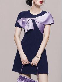 Fashionable temperament contrast color bow round neck short sleeve waist slim dress