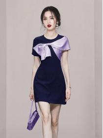 Fashionable temperament contrast color bow round neck short sleeve waist slim dress