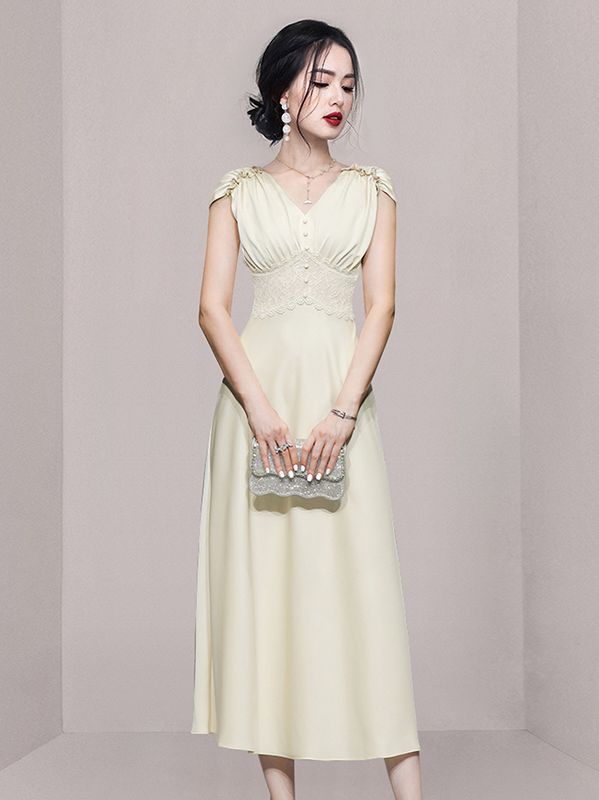 Vintage V-neck pleated lace trim waist slim elegant dress