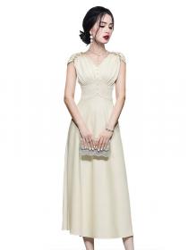 Vintage V-neck pleated lace trim waist slim elegant dress