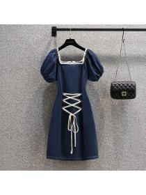 Fashion style lace up puff sleeve denim dress denim dress