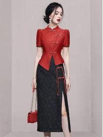 Chinese-style stand-up collar retro button short-sleeved top Slim skirt two-piece set