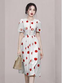 Fashionable all-match round neck lantern sleeves French elegant waist slim dress