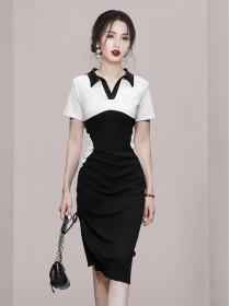 Fashionable all-match round neck lantern sleeves French elegant waist slim dress