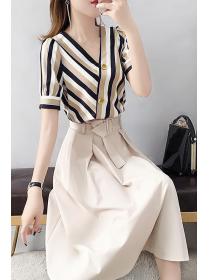 Fashionable Striped Top casual high-waist skirt two-piece set