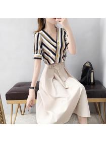 Fashionable Striped Top casual high-waist skirt two-piece set